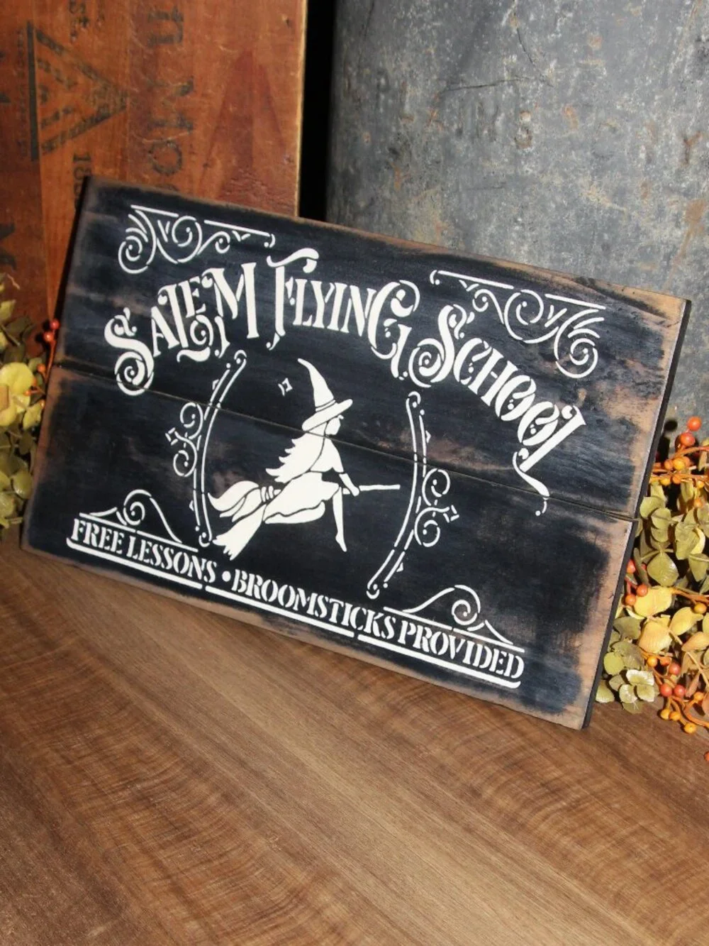NEW Black & Cream SALEM FLYING SCHOOL Farmhouse Witch Wall or Table Top Decor